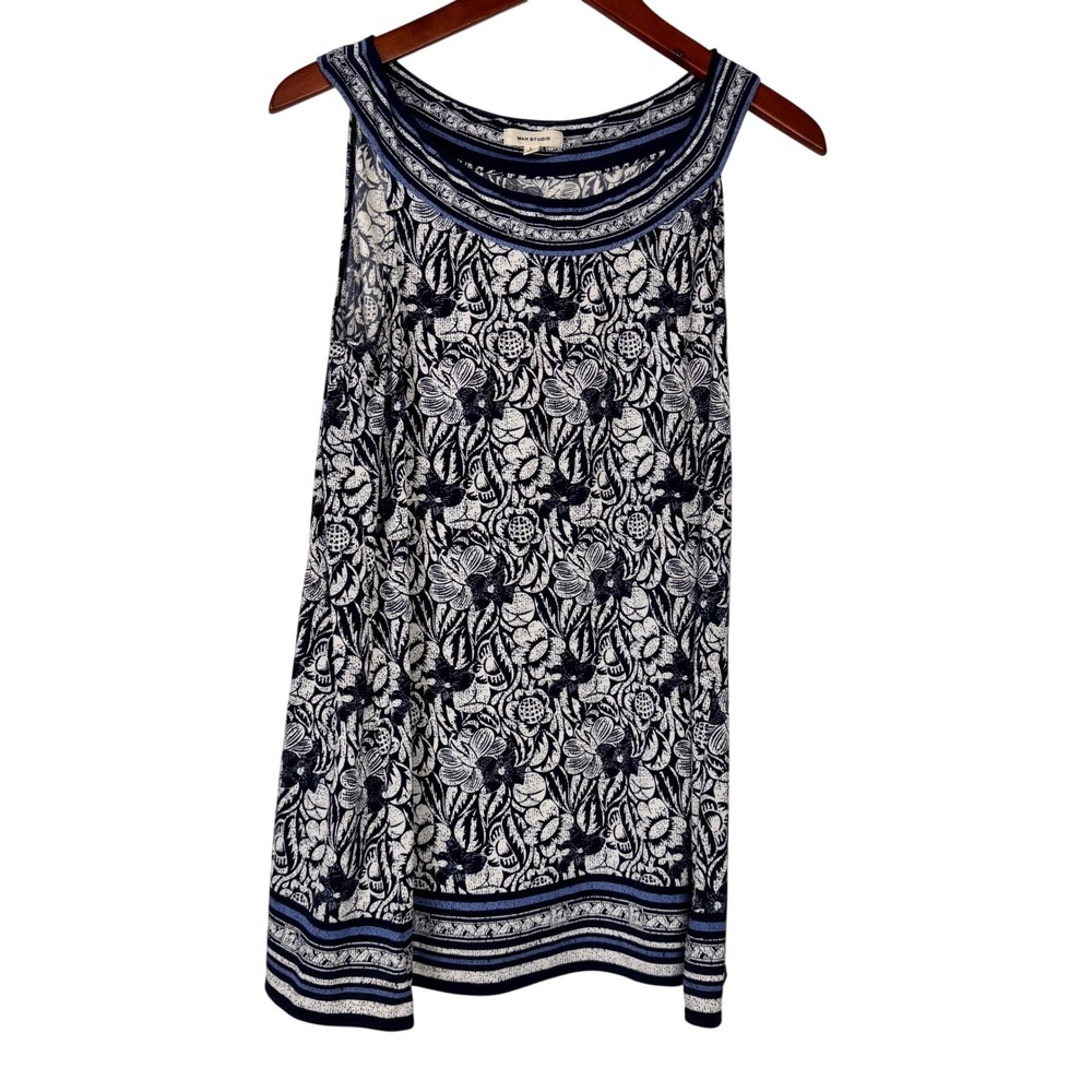 Max Studio Tank Top Womens L Blue Floral 9701W70 Sleeveless Paisley Blouse